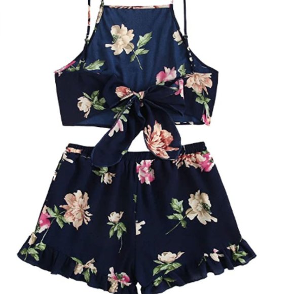 Women's 2 Piece Boho Floral Print Crop Top+Shorts - Picture 2 of 7